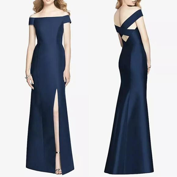 ALFRED SUNG D751 Midnight Navy NWT Off the Shoulder Criss Cross Back Satin Dress - Picture 1 of 15